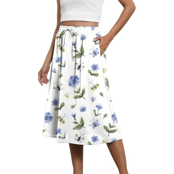 YUEJUIR Women's Skirts Boho Skirts for Women Trendy Summer Flowy Floral Midi Skirts with Pockets Lightweight Drawstring High Waisted Skirts A Line Skirt Boho Skirt (White,XL)