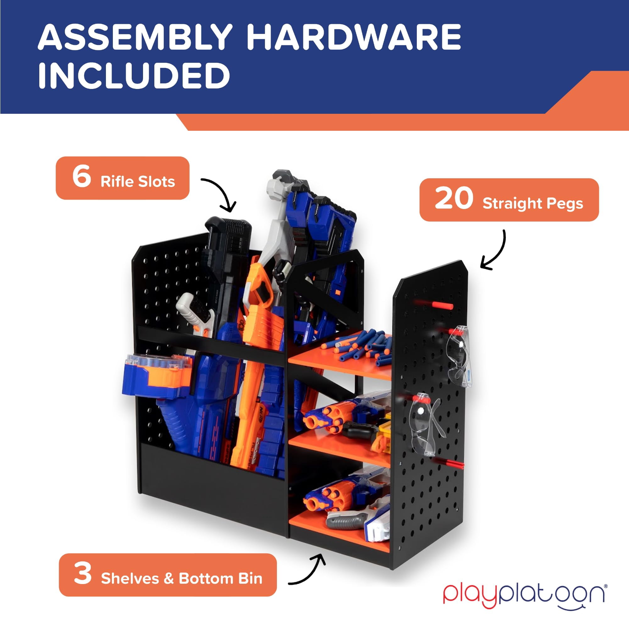 Play Platoon Storage Rack for Nerf Gun Storage & Nerf Accessories, Sturdy Wood Construction, Dart Holder & 6 Toy Gun Holder for Wall with Pegboard Wall Organizer - Includes 20 Pegs