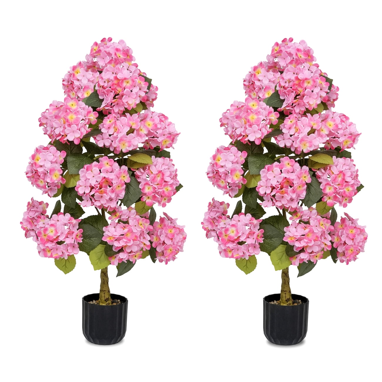 2Sets-3Ft Simulation Hydrangea Tree, Equipped with Realistic Pink Hydrangea Flowers and Evergreen Leaves, Suitable for Indoor and Outdoor Bonsai and Artificial Flower Decoration