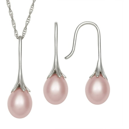 8-9mm Drop Natural Pink Cultured Freshwater Pearl Sterling Silver Pendant and Earring Set, 18