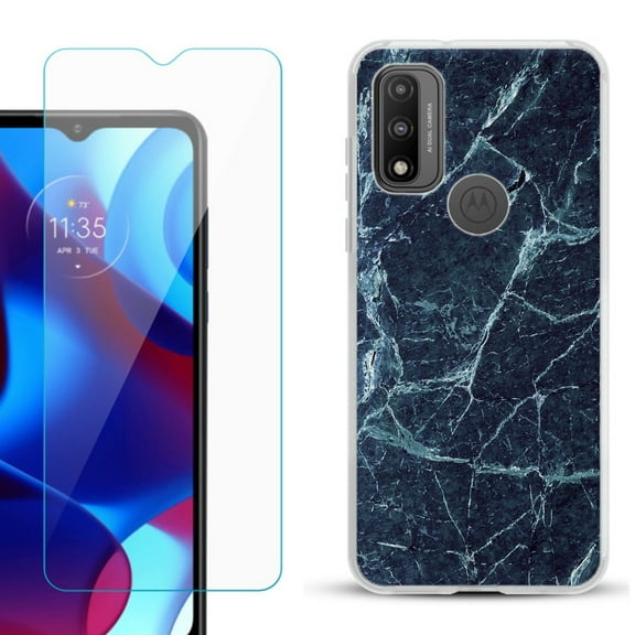 Slim-Fit Gel TPU Phone Case for Motorola Moto G Pure, with Tempered Glass Screen Protector, by OneToughShield ® - Marble / Blue