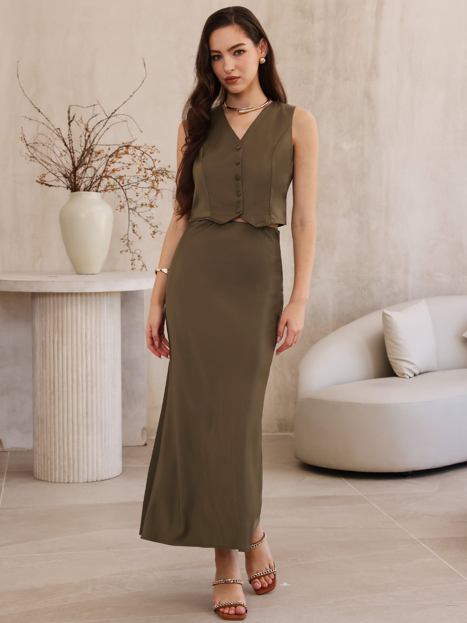 DARING DIVA Women's Satin 2 Piece Maxi Skirt Set Button V Neck Vest Tops Long L Brown