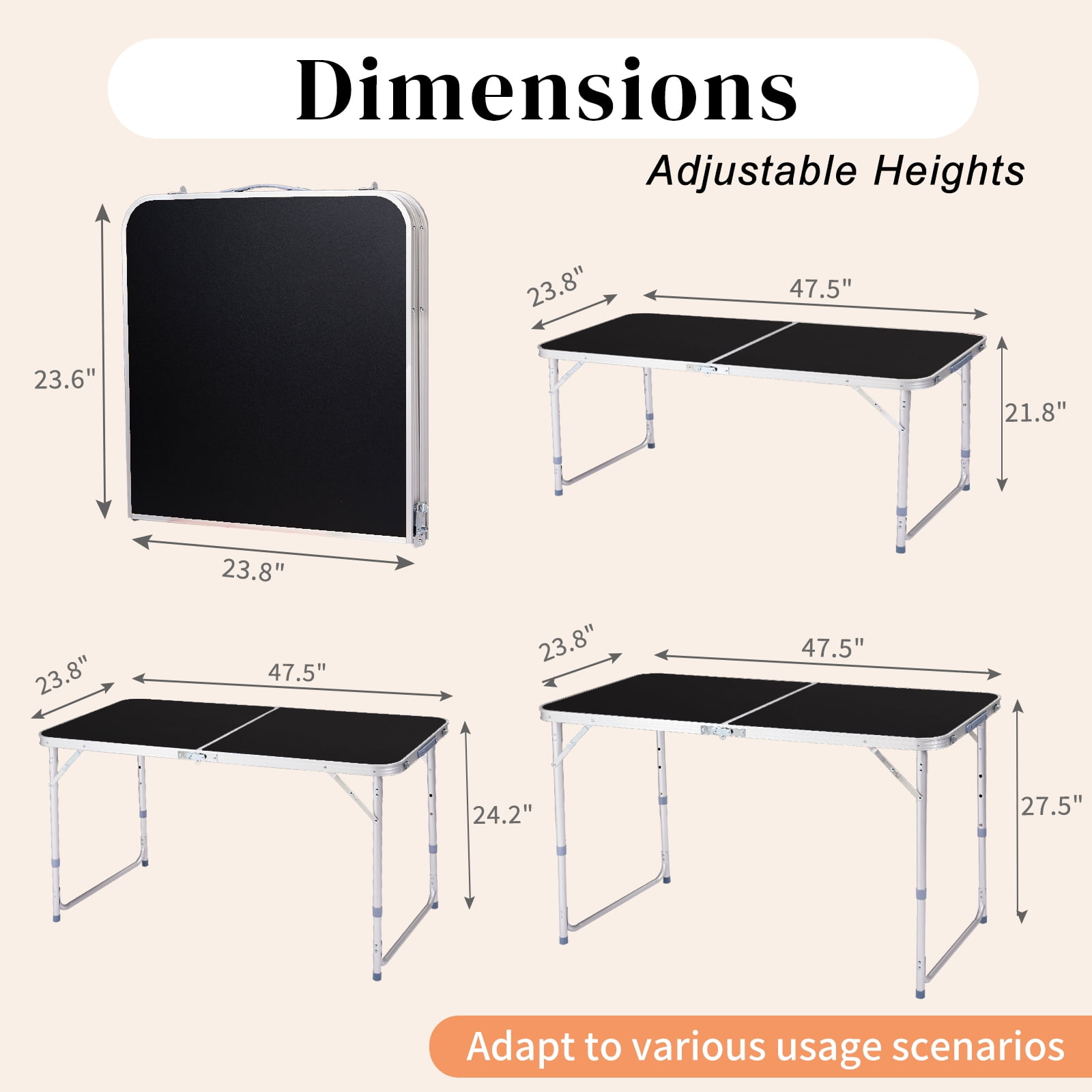 4Ft Portable Multipurpose Folding Table - Height Adjustable, Easy to Clean, for Family Reunions, Picnics, Camping black