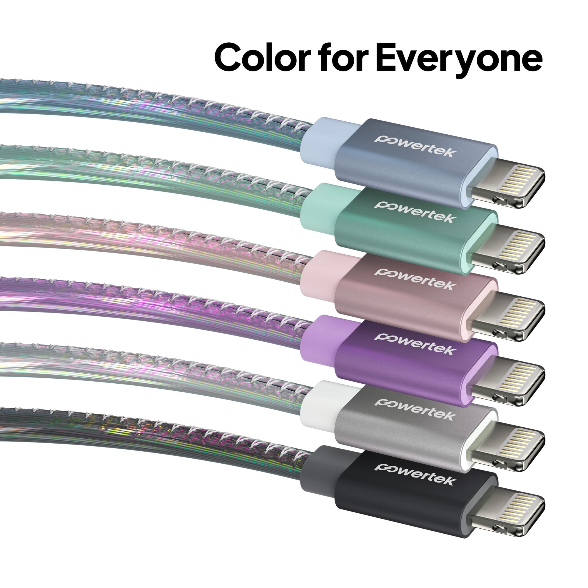 Powertek MFi Certified USB-A to Lightning Metallic Shine Pastel Charging Cable, 6 ft, Black