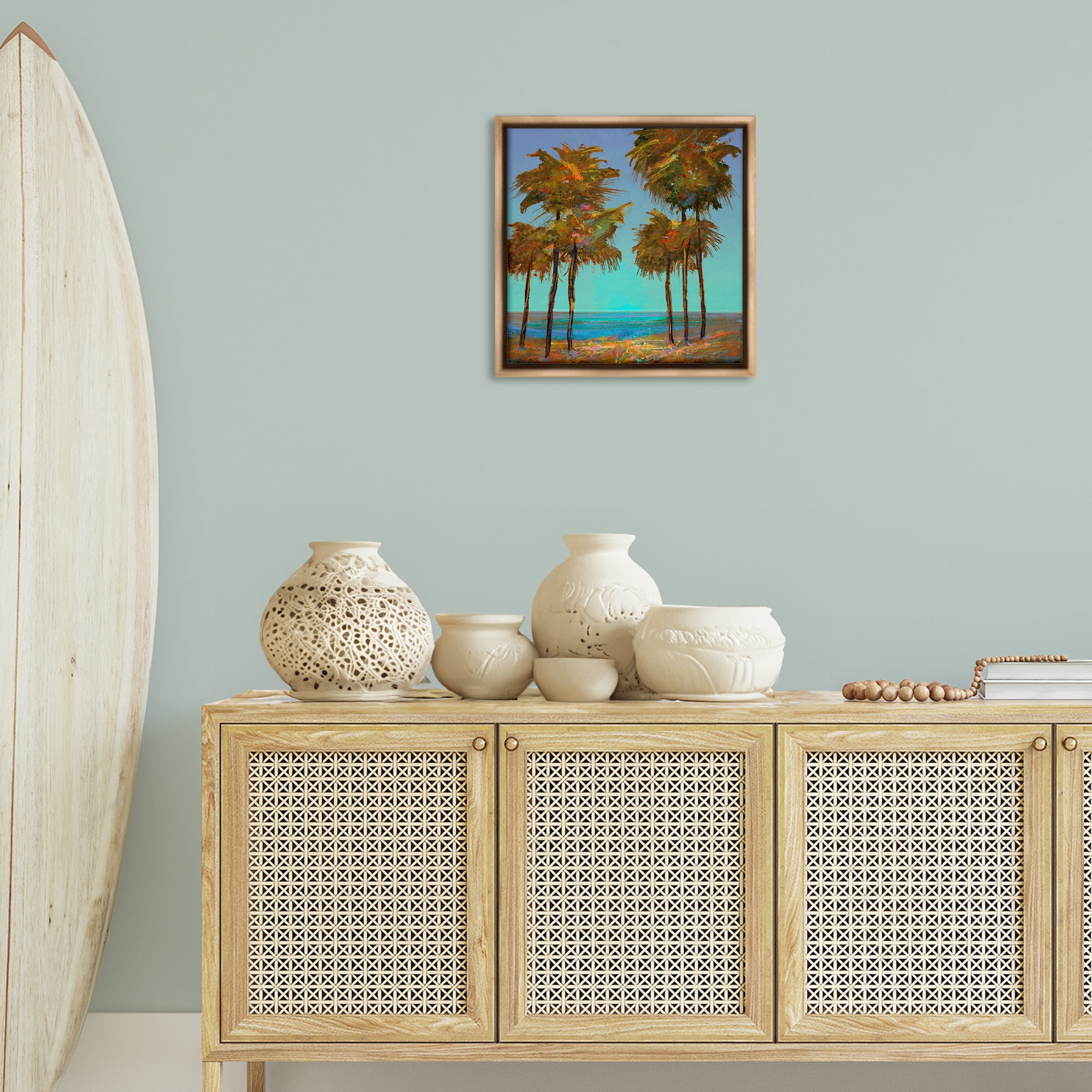 Stupell Industries Looming Green Palms Landscape Painting Brown Floater Framed Canvas Art Print Wall Art, 18 x 18