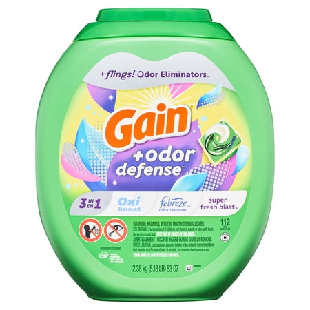 Gain Flings Laundry Detergent Pacs with Odor Defense, Super Fresh Blast Scent, 112 Count