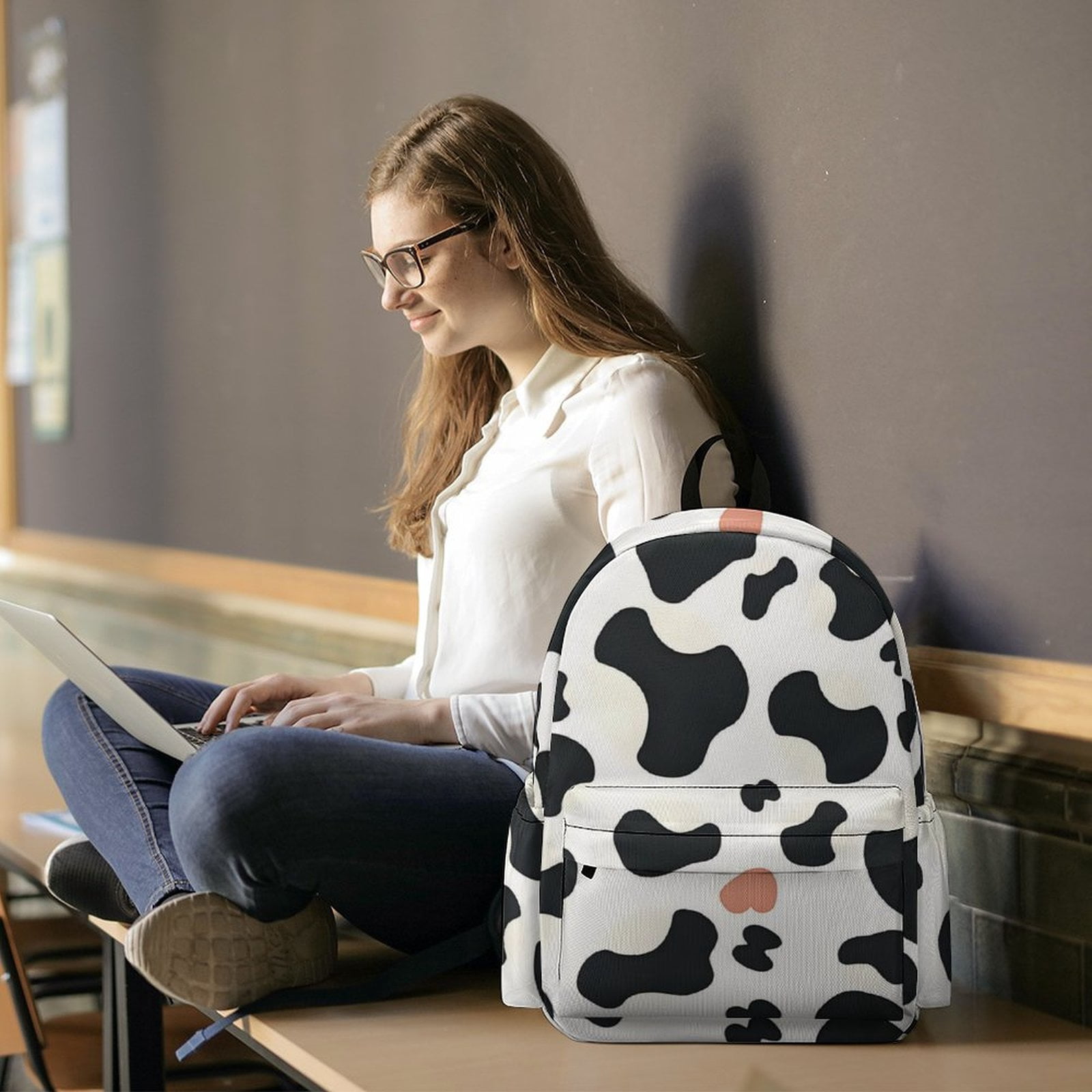 Large Capacity Half Print Backpack 11.8×16.5×5.9in Multifunctional Zipper Design Convenient Switch Simple Cow Print Pattern1_3