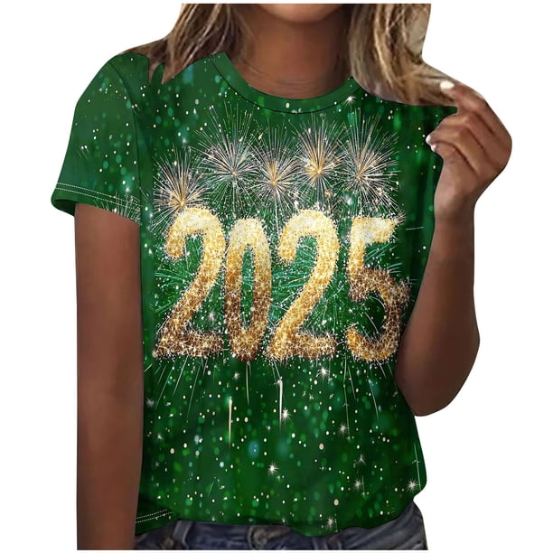 Camisetas Casuales de Mujer Año Nuevo Impreso Suéter de Manga Corta Cuello Redondo, Top de Moda para el Uso Diario
