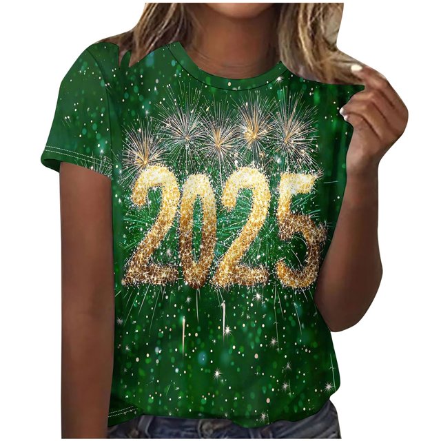 Camisetas Casuales de Mujer Año Nuevo Impreso Suéter de Manga Corta Cuello Redondo, Top de Moda para el Uso Diario