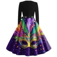 thumbnail image 3 of Fgvctg Womens Mardi Gras Dress Party Prom Cocktail Dress 1950s Glitter Mask Print V Neck Dress Lightweight Vintage Carnival Parade Long Sleeve Clothes Fit Outfits Light Purple 4XL, 3 of 5
