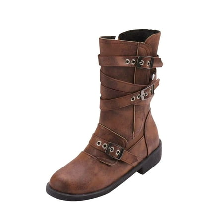 

Christmas Deals!2022 Juebong Women s Winter Low Heel Flat Round Head Side Zipper Belt Buckle Medium Boots