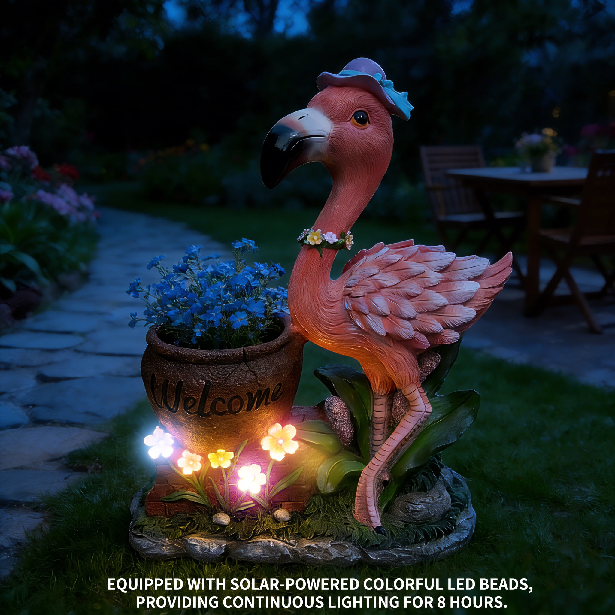 Set of 1 Outdoor Garden Flamingo Sculpture Flower Pot Planter, Pink Resin Yard Statue with Solar Light for Patio Decor，Purple  Hat