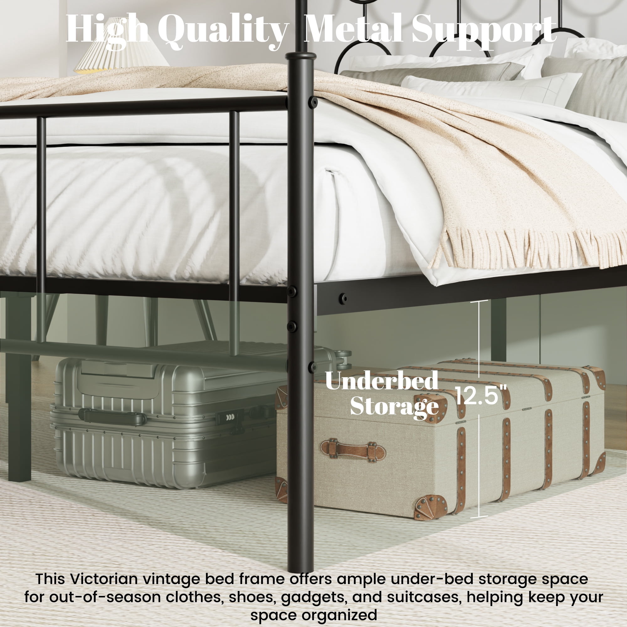 Queen Size Metal Platform Bed Frame with 12" Storage Space, Victorian Style Iron Headboard/Footboard, Sturdy Slat Support, No Springs Required, Easy to Assemble (Mattress Not Included)(Black)