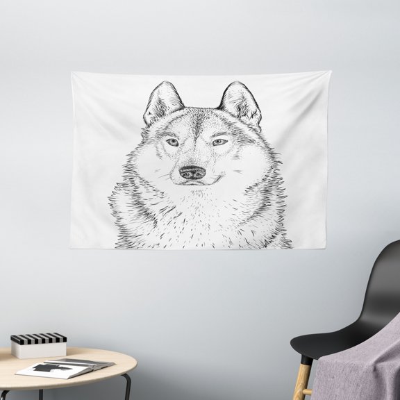 Animal Tapestry, Wildlife Woods Winter Animal Wolf Dog Sketchy Hand Drawn Image Artwork Print, Wall Hanging for Bedroom Living Room Dorm Decor, 60W X 40L Inches, Black and White, by Ambesonne