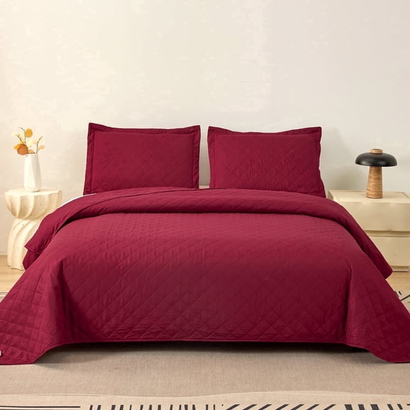 Jessy Home Burgundy Quilt Set Queen/Full Size Lightweight Microfiber Bedspread Coverlet Set