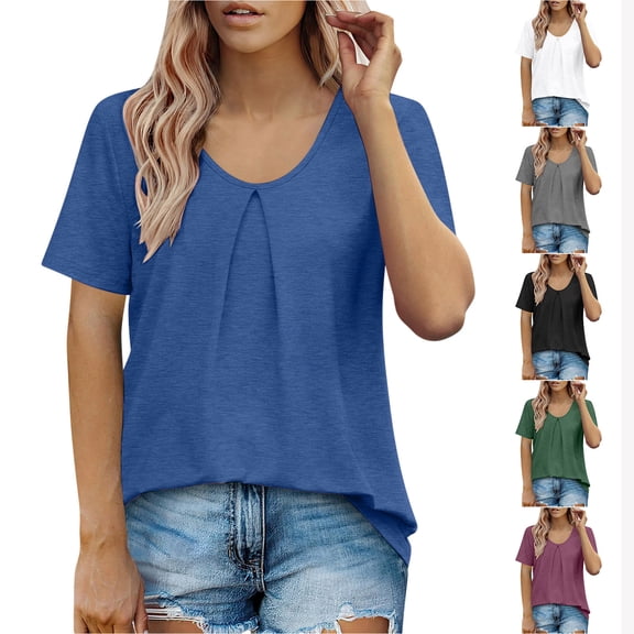 YHAJDS Blouses for Women Womens T Shirts Summer Short Sleeve Solid Color Round Neck Casual Tee Shirt