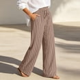 thumbnail image 5 of Staron Women's Casual Pants Loose Wide Leg Drawstring Trousers Striped Elastic Waist with Pockets Comfy Relaxed Lounge Pants, Khaki M, 5 of 7