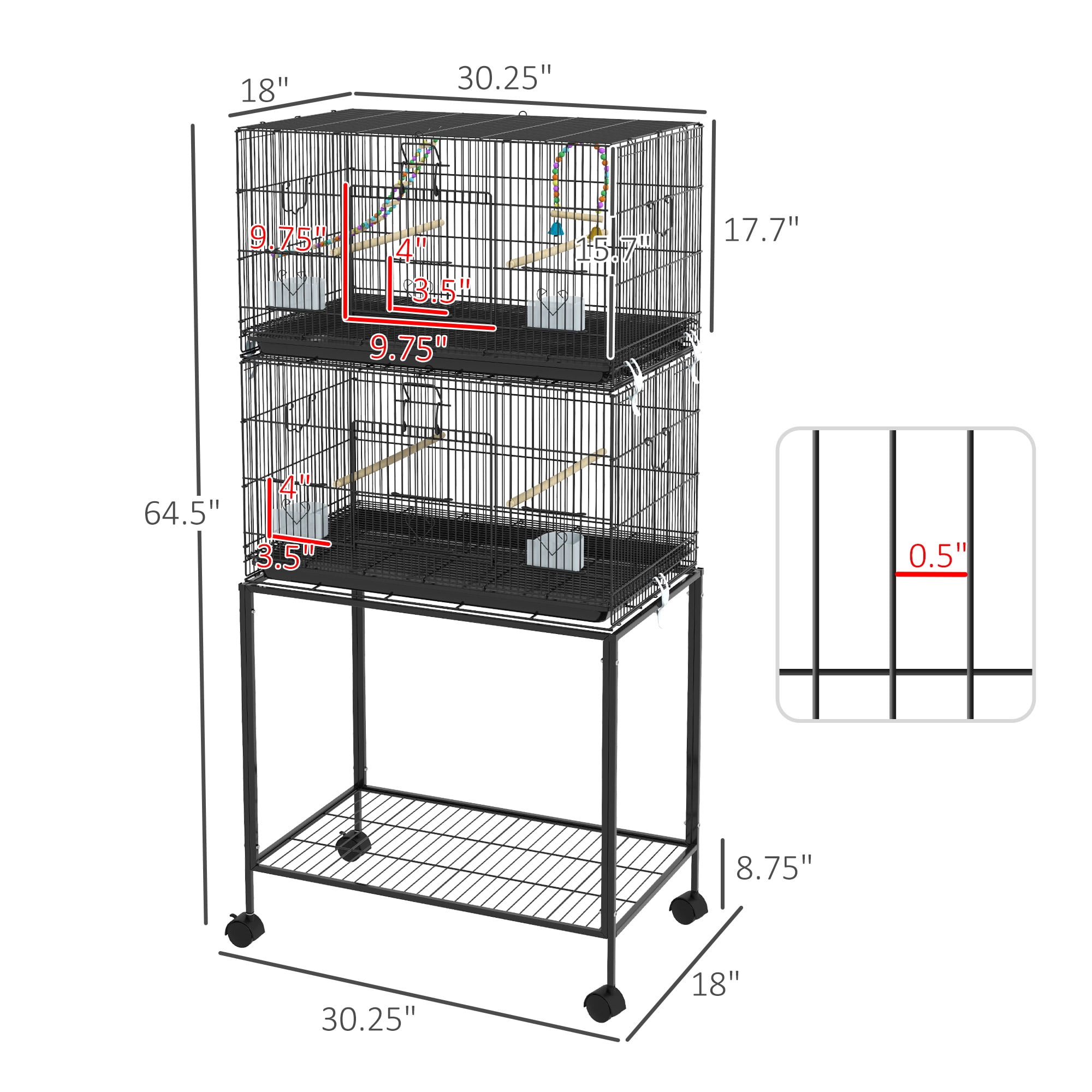 Double Stackable Bird Cage with Stand, Wooden Swing, Rope Ladder & Wheels for Canaries, Lovebirds Finches, Budgie Cage with Storage Shelf, Removable Tray, Wooden Perches & Food Containers