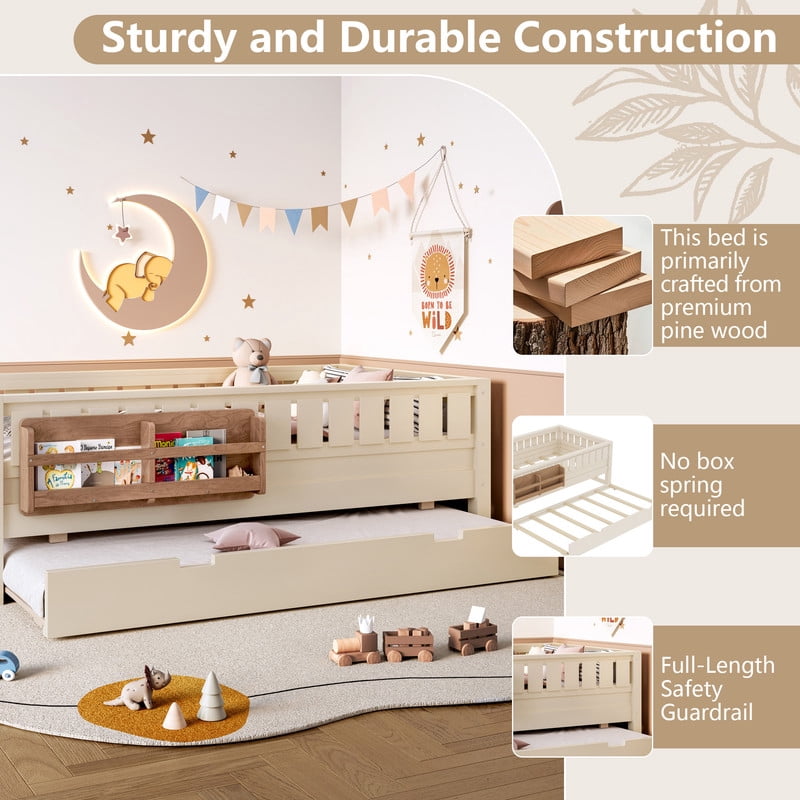 Twin Size Low-Profile Kid's Platform Bed with Built-in Bookshelves & Small Staircase, Wooden Bed Frame with Safety Rails & Trundle