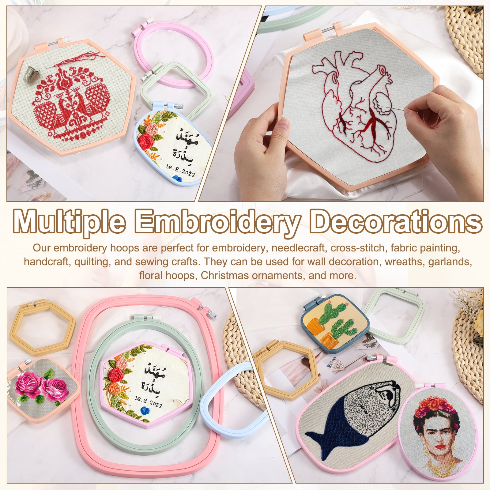 Uxcell 3 Pieces 10.2" x 9.4" Hexagonal Embroidery Hoops, ABS Adjustable Cross Stitch Hoops, Khaki
