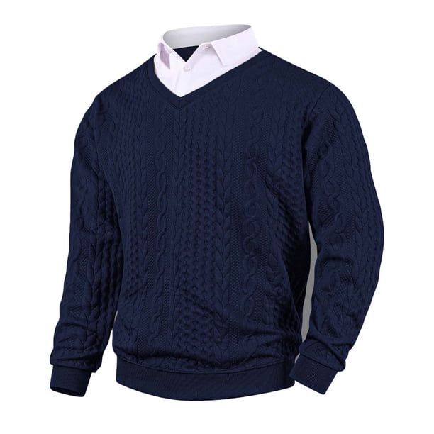 Ceisia Men's Regular-Fit Fake Two-Piece Cable-Knit V-Neck Sweater Multi-Solid Gift