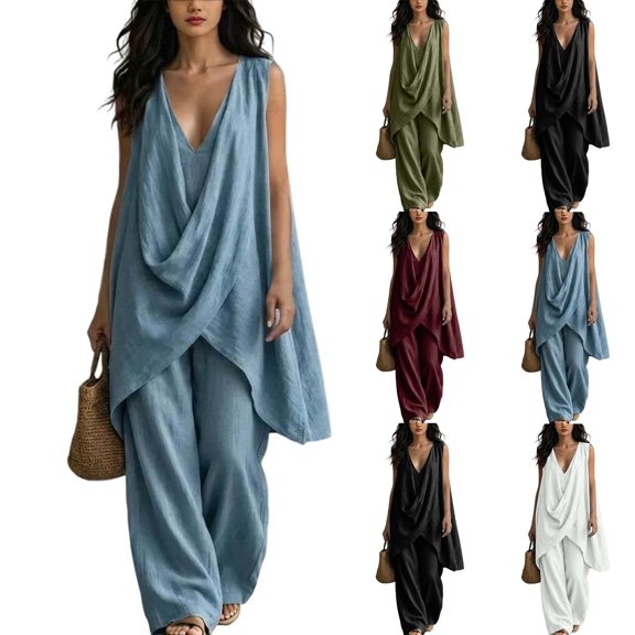 Women's Solid Stand Collar Sleeveless Draped Top Loose Harem Pants 2 Piece Outfit, Casual Beach Vacation Matching Set Sky Blue XL(XL)