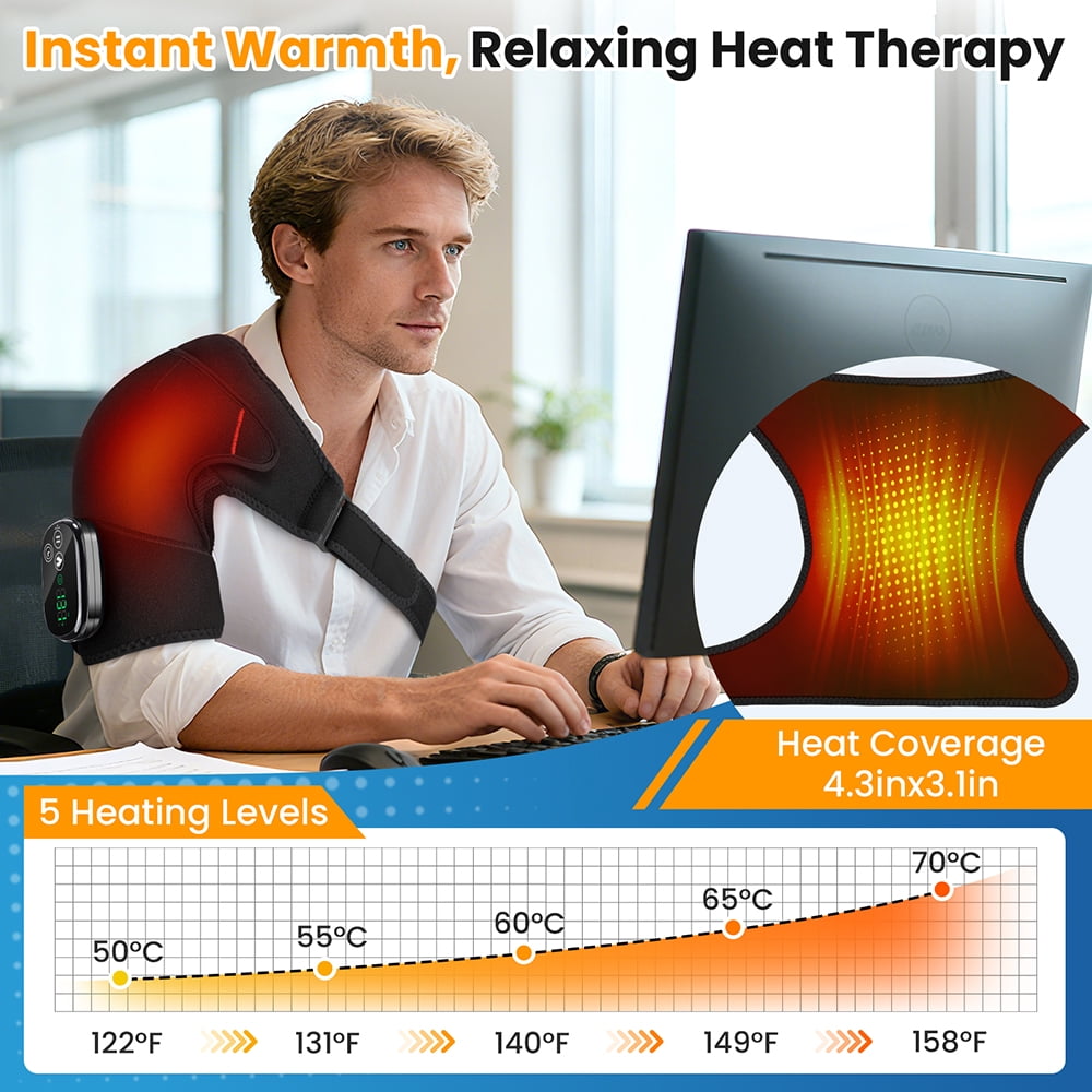 FlareMore Cordless Shoulder Heating Pad with Vibration, Heated Shoulder Wrap Brace, 3 Heat Levels, Rechargeable Shoulder Massager for Men Women