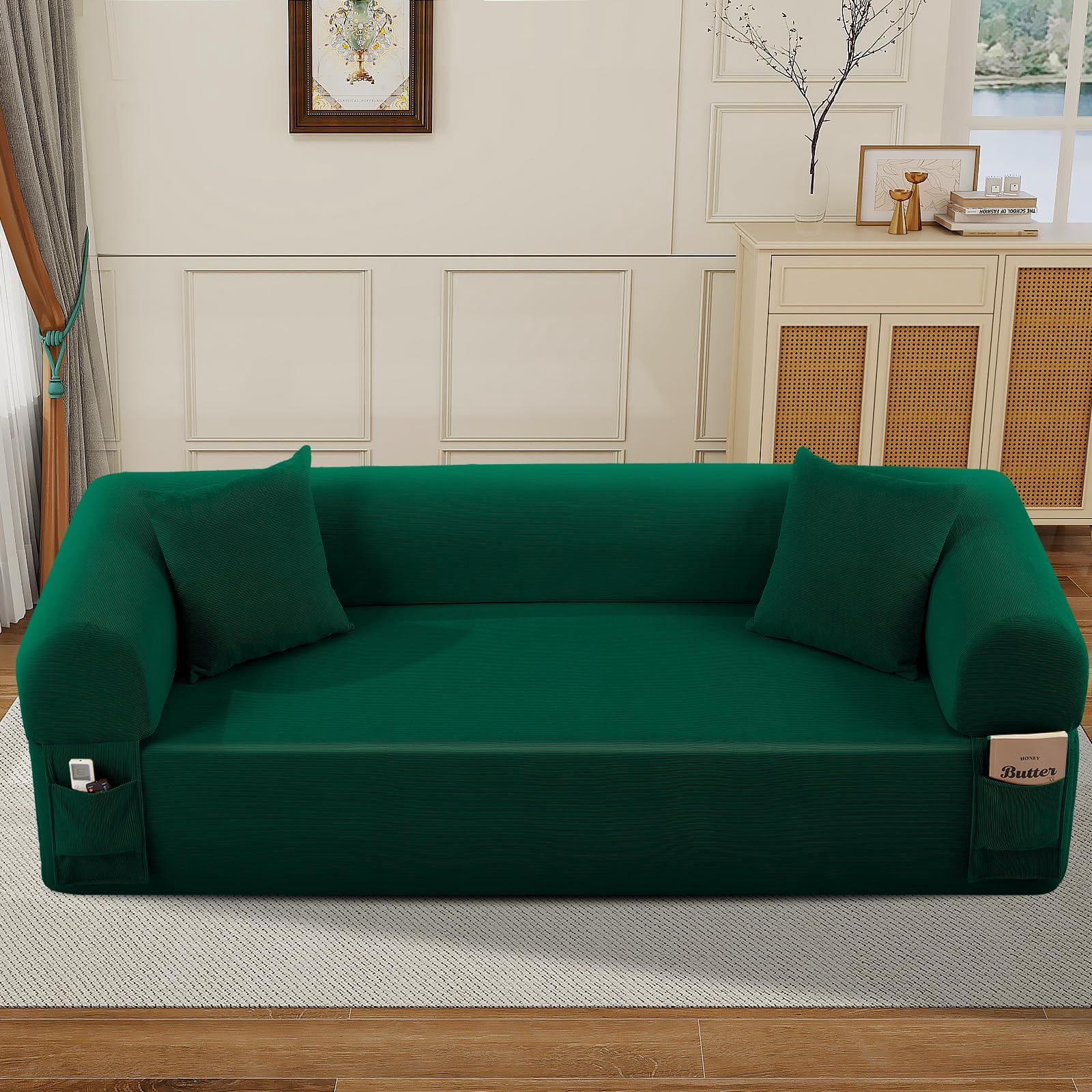3-Seater Sofa, 83" No Assembly Deep Loveseat Couch in A Box, Spring & High-Elastic Sponge Filling Sofas with 2 Cushions & Side Storage Pockets for Living Room Apartment, Green
