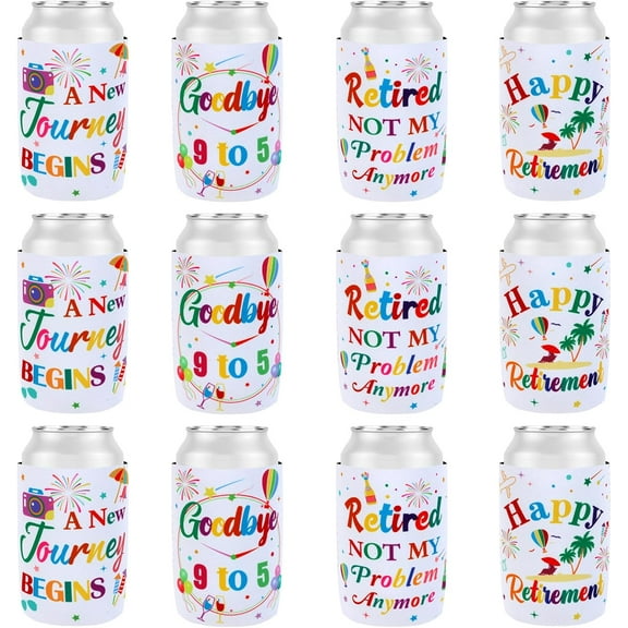 12pcs Retirement Can Cooler, Retirement Party Favors Funny Colorful Happy Retirement Beer Can Sleeves for Officially Retired Farewell Going Away Party Decorations Supplies