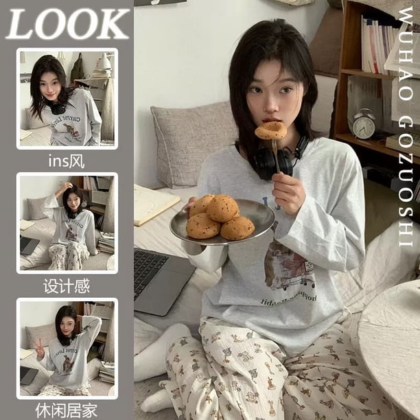 Pijama de Hello Kitty estilo japonés estilo Instagram, pantalones de manga larga para mujer, ropa de casa para estudiantes con dibujos animados de primavera y otoño