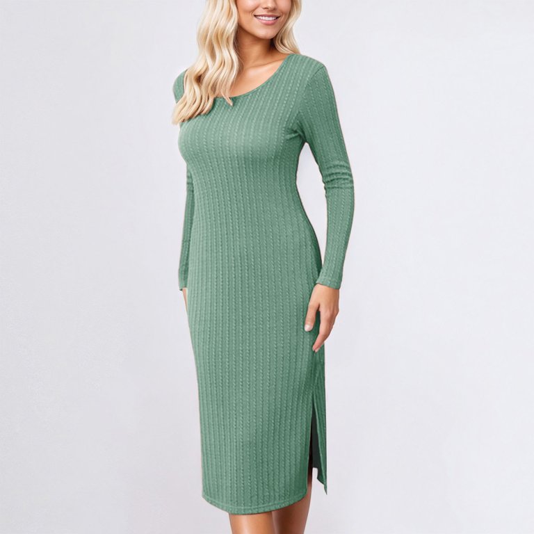green long sleeve maternity dress Ymnxa Women's Crew Neck Solid Color Side Slit Ribbed Comfortable Breathable Pregnant Dresses For Casual Daily Wear,Green,S Product_type|Midi/Short Dress