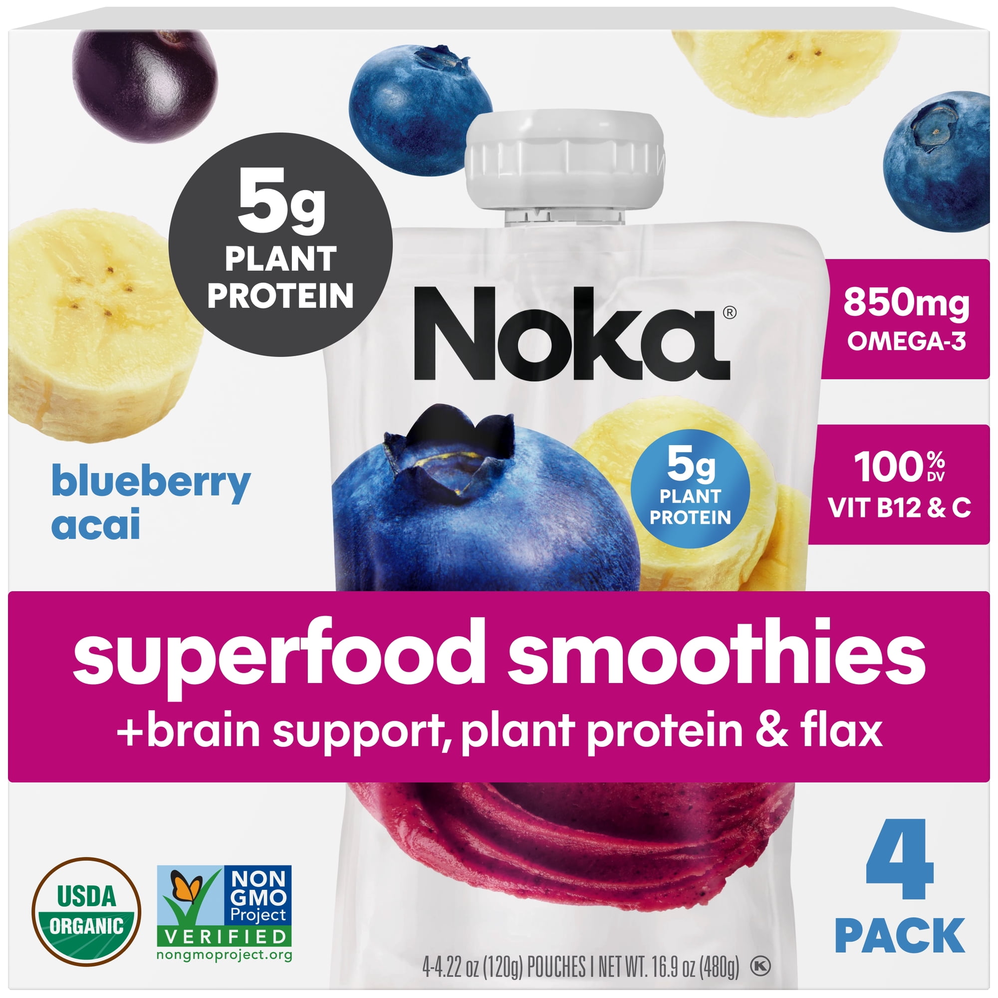Noka Organic Superfood Smoothie Pouches, Plant Protein, Blueberry Acai, 4.22oz, 4 Pack