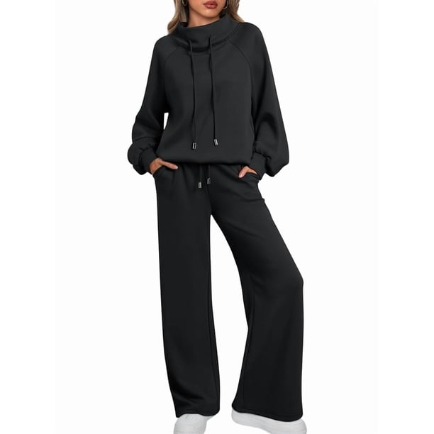 Conjuntos Deportivos de Dos Piezas para Mujer, Ideales para Otoño. Incluyen Sudadera con Cordón Ajustable y Pantalón Deportivo de Pierna . Negro S