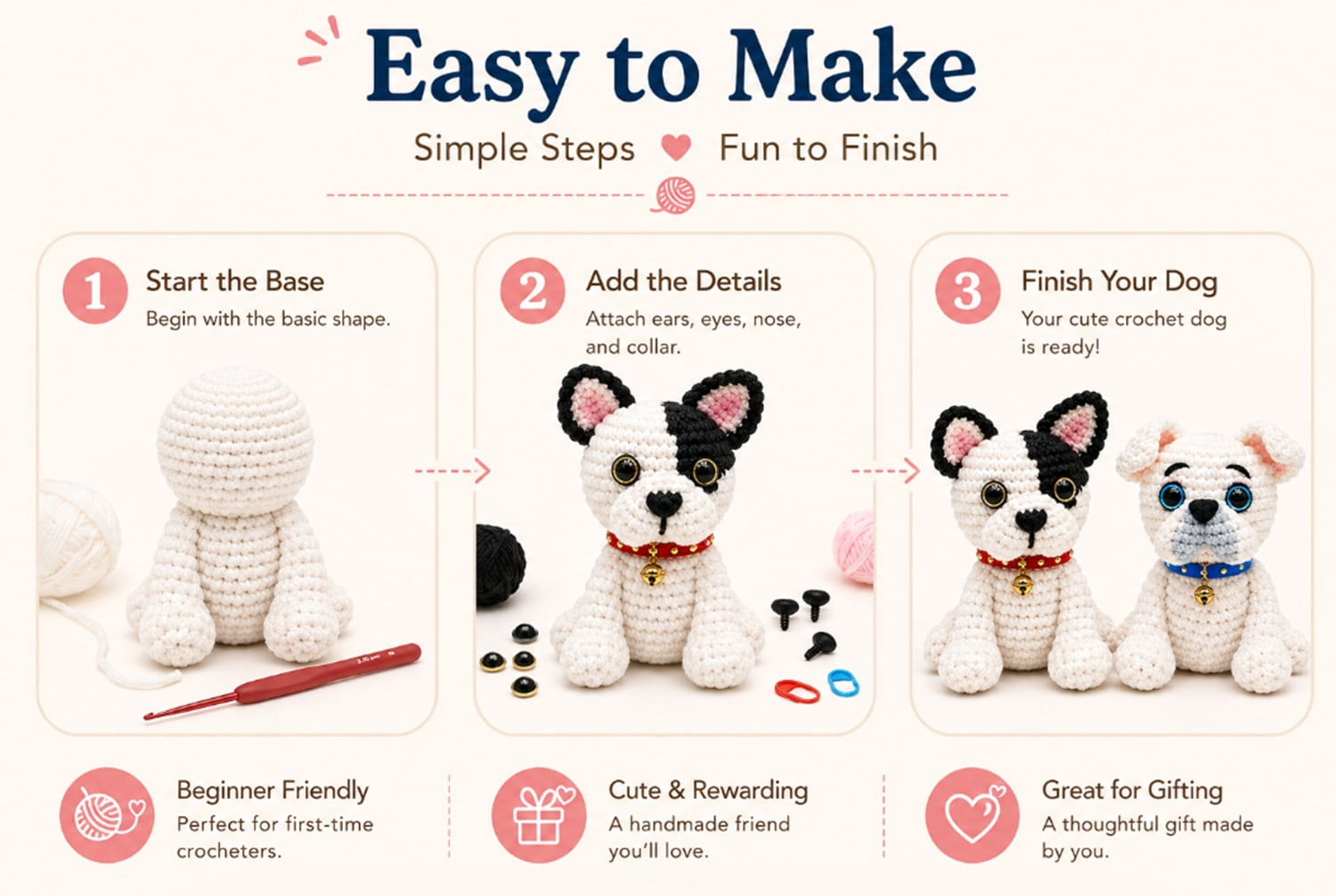 2 Pack French Bulldog Crochet Kit for Beginners, Dog Amigurumi Starter Set with Step by Step Video Tutorials, TIKA