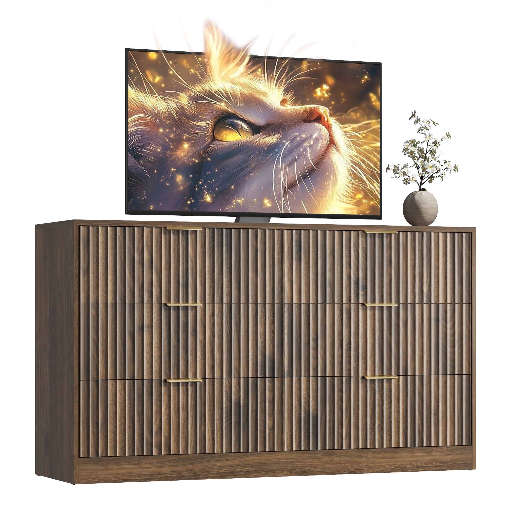 ASTUVIA 55.1" W Fluted 6 Drawer Dresser for Adult,Wooden Bedroom Dresser,Dresser TV Stand up to 65" for Living Room,Brown
