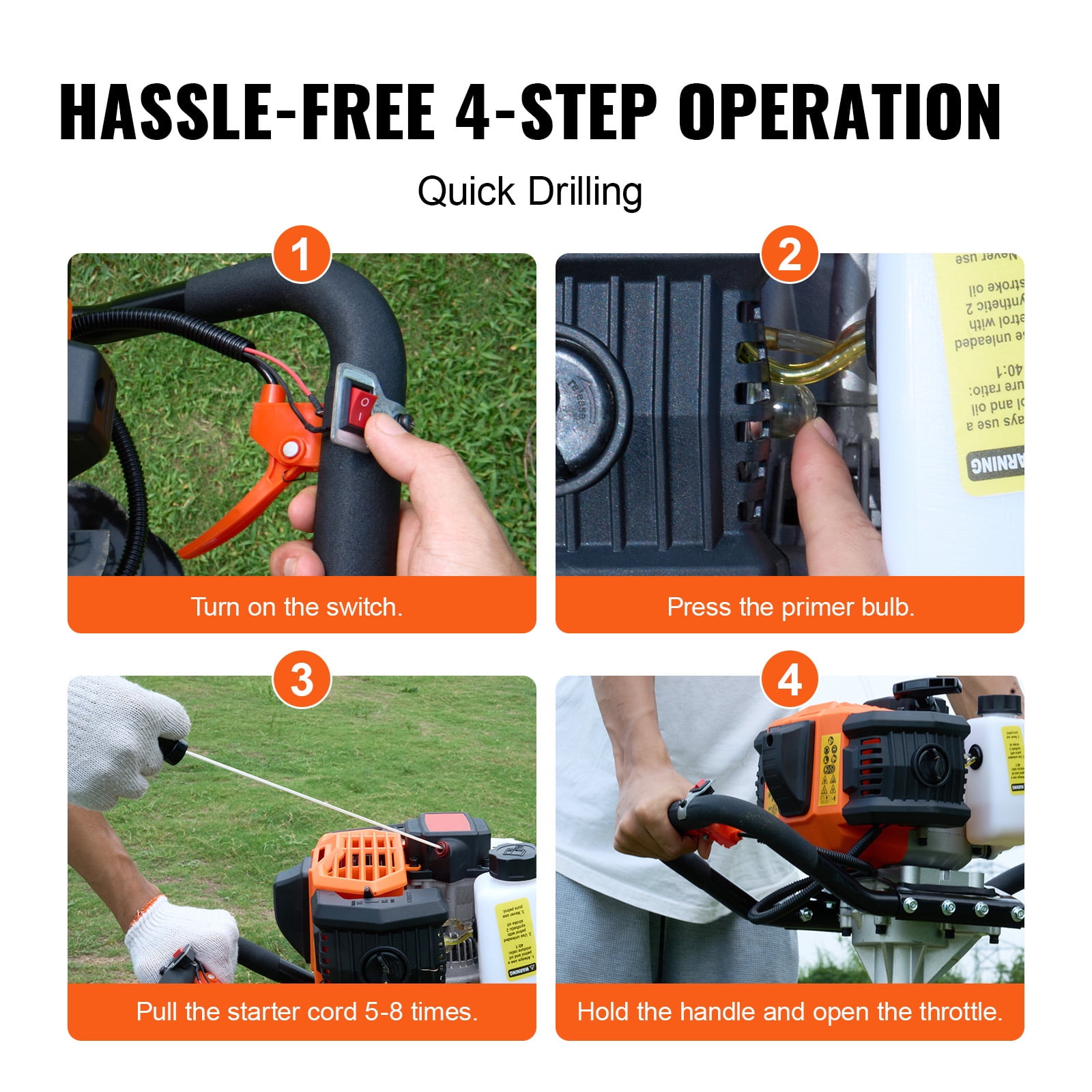 KFFKFF Gas Post Hole Digger, 52CC 1450W Earth Auger with 8” Drill Bits and Extension Rod, Ideal for Garden, Farmland, and Fence Installation, Orange and Black