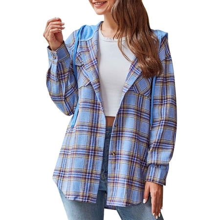 Baqcunre Shirts For Women Women s Fall Casual Hoodie Long Sleeved Plaid Shirt With Pocket Womens Jacket Womens Tops Blue XL