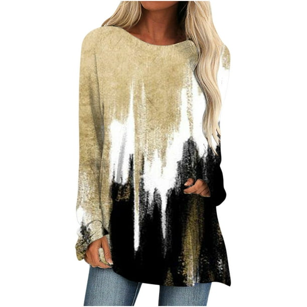 Mikilon Women Long Sleeve Casual Shirts Pullover Loose Tunic Tops Print  O-Neck Blouse 