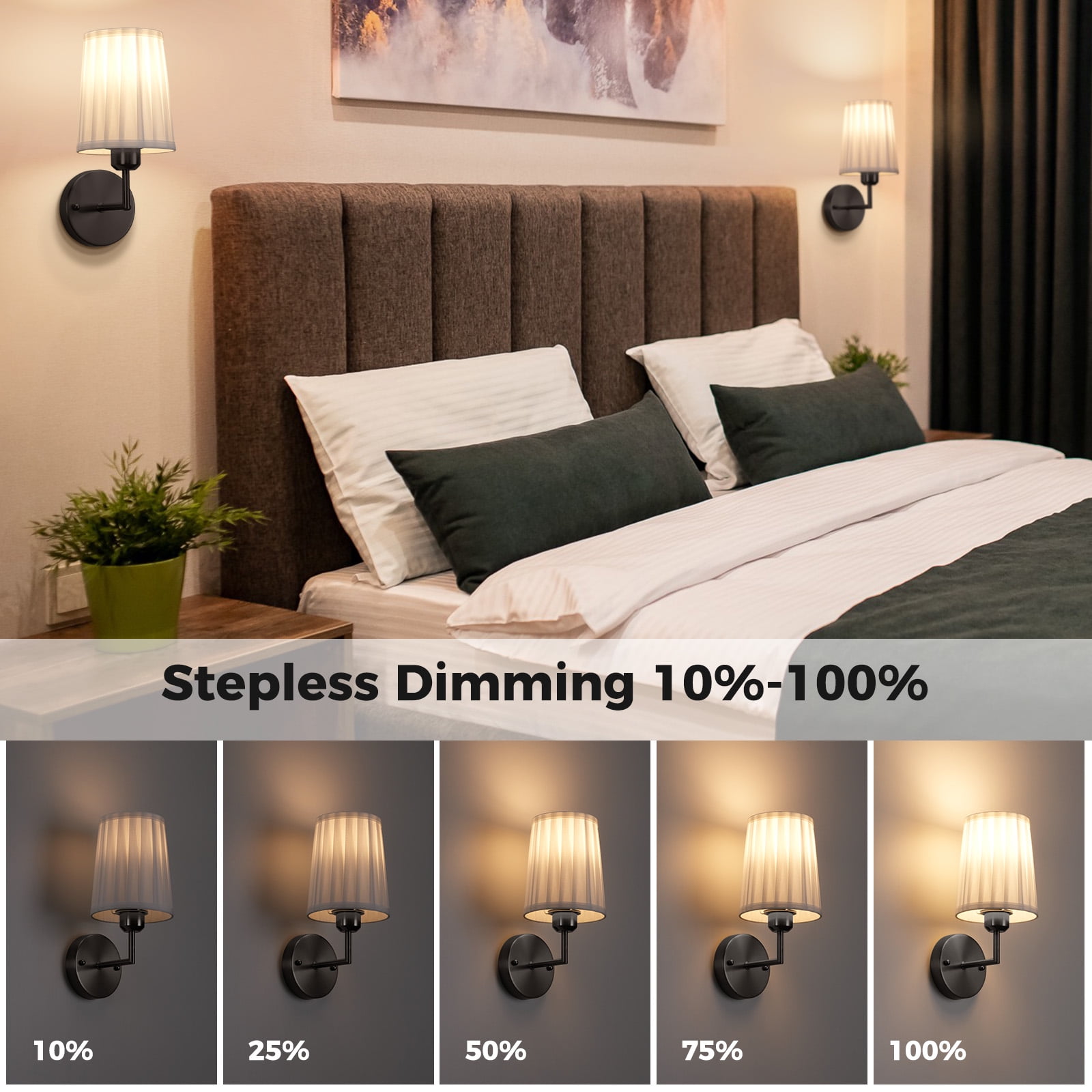 Set of Two Wall Sconces, Battery Operated Wall Sconce Reachargeable Wireless Wall Mounted Lamp Dimmable Battery Powered Wall Light Fixure for Bedroom Living Room Hallway, Black