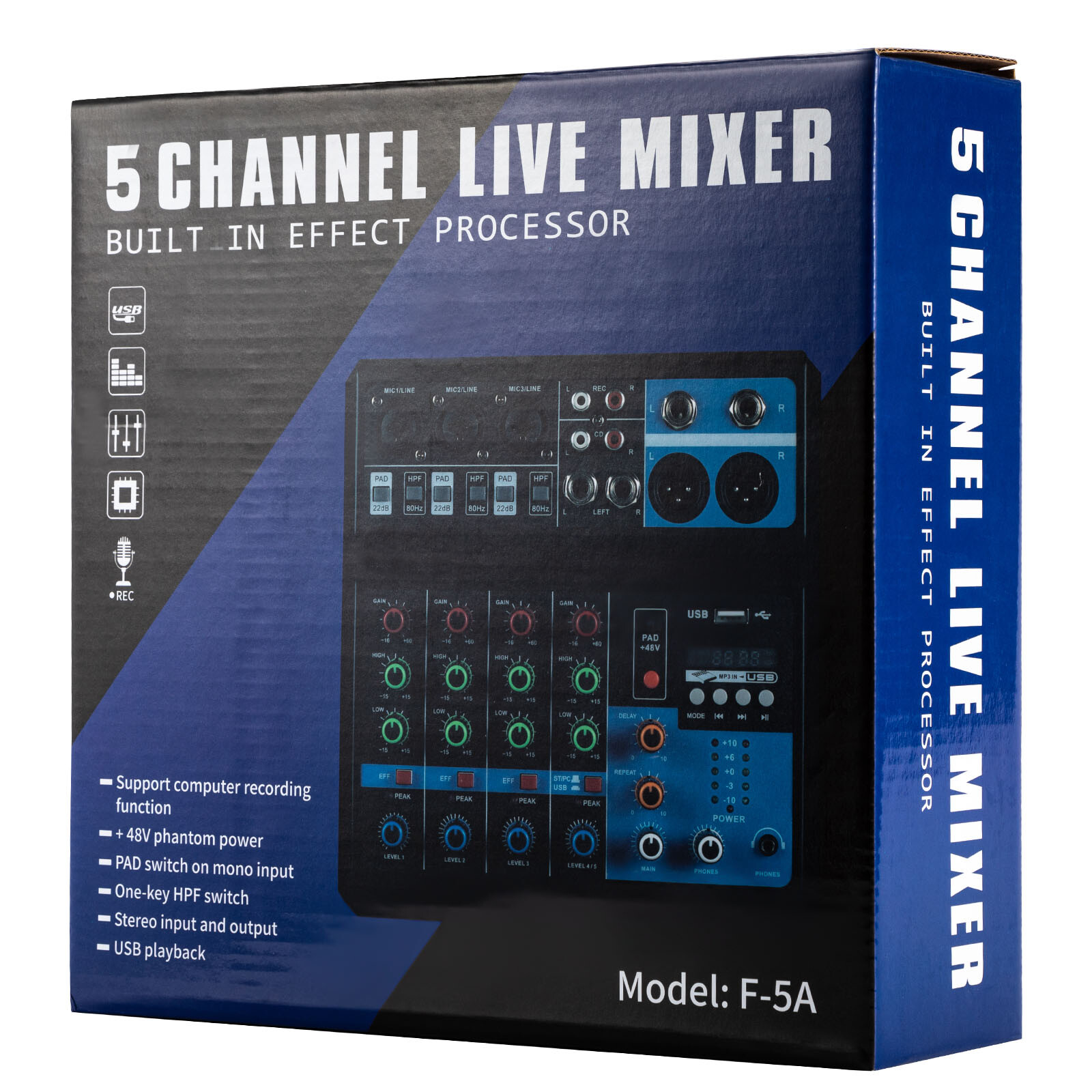 5 Channels Mini Audio DJ Mixer Sound Board Console System DJ Studio Streamingantom Power with Lotus Interface&USB Slot