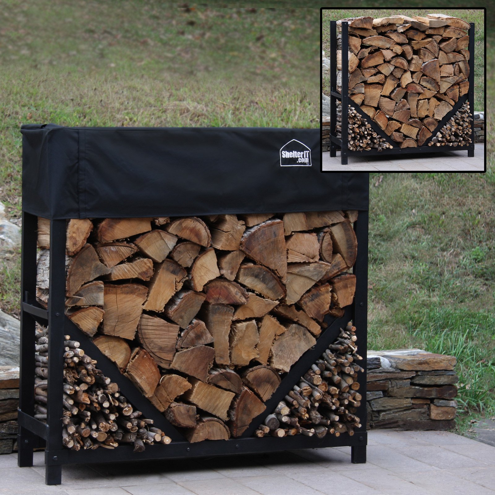 8' Straigth Firewood Log Rack with Kindling Kit with 1' Cover