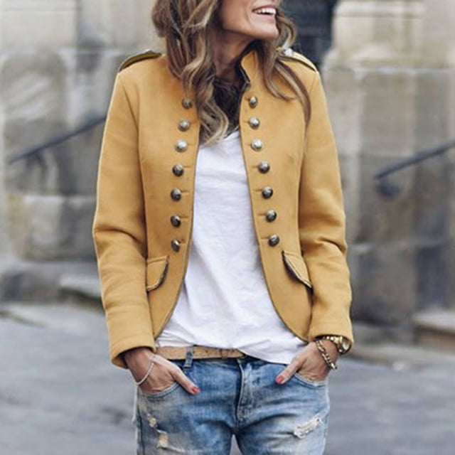 IMENGL Autumn Winter short slim Button stand collar long sleeve wool blend coat, Yellow L, Size M-2XL