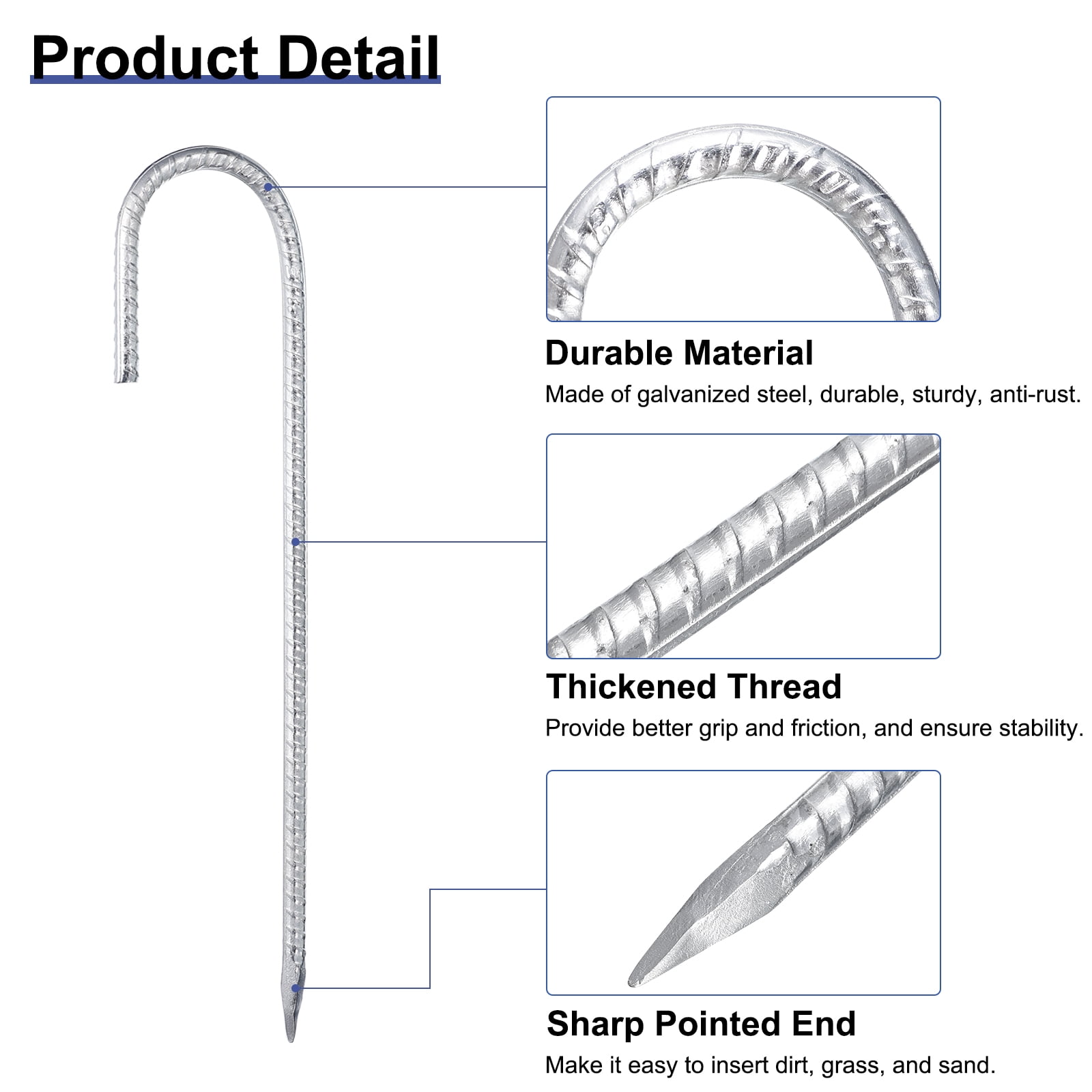 Uxcell 16 Pack Rebars Stakes, J-Hook Ground Stakes, Galvanized Steel Tent Stake Garden Wind Staple Silver Tone 12"