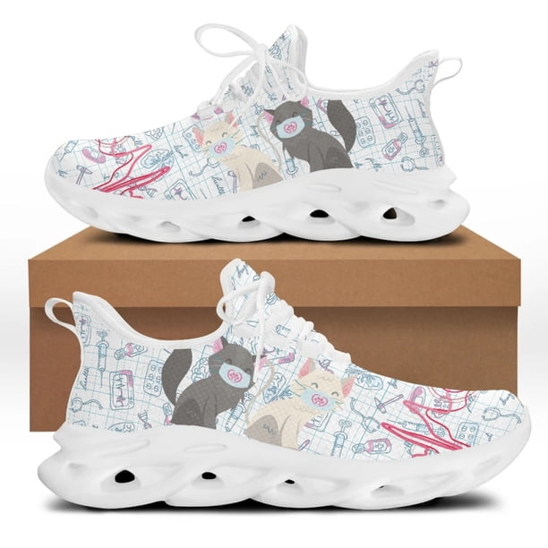 Yikeluo Zapatos de plataforma con estampado de gato para mujer, calzado de malla con cordones, cómodos, con plataforma