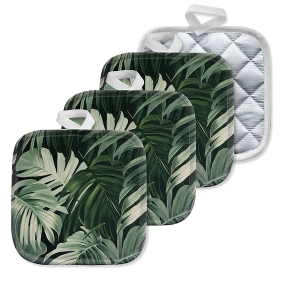 4 Pack Pot Holders,Kitchen Essential, Potholder Set,Tropical Leaf Pattern In Light And Dark Green