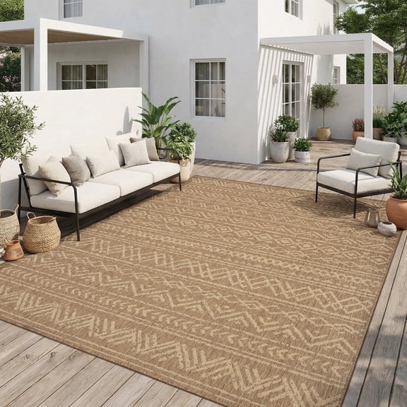 SIXHOME Outdoor Rugs 8'x10' Patio Rug Boho Geometric Indoor Outdoor Rugs Polypropylene Washable Non Shedding, Easy Clean, Waterproof, Durable Outdoor Carpet for Porch Balcony Deck Neutral Brown