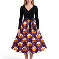 thumbnail image 4 of Halloween Dresses for Women Pumpkin Hepburn V-Neck Vintage Swing Dress Ghost Cocktail Long Sleeve Cute Tea Length Dress with Belt S, 4 of 5