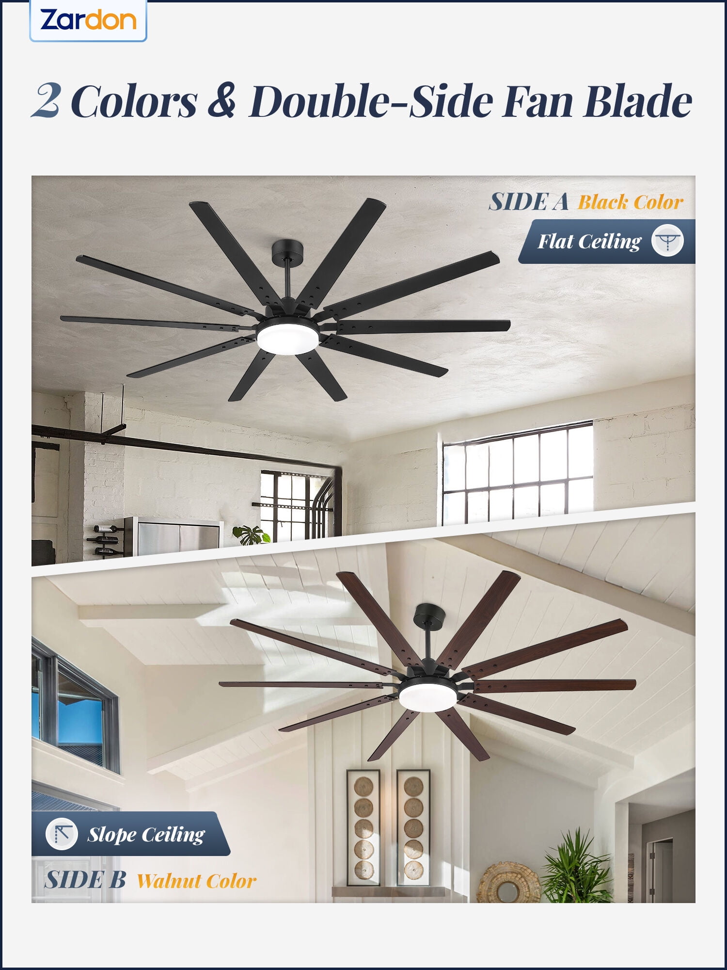 Zardon 84" Industrial Modern Ceiling Fan with LED Light and Remote, 10 Black Blades, Quiet Reversible DC Motor with 6-Speed for Large Room, Indoor