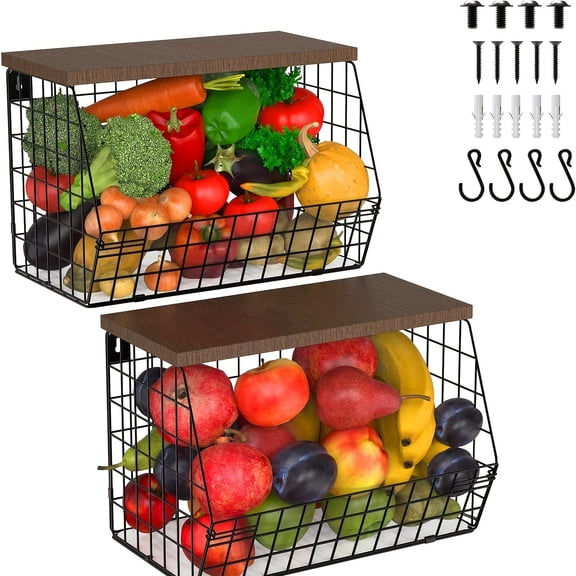 2pcs 2-Tier Wall-Mounted Onion &  Storage Basket With Wood Lid, Multifunctional Fruit & Snack Organizer For Kitchen Counter, Shelf Baskets