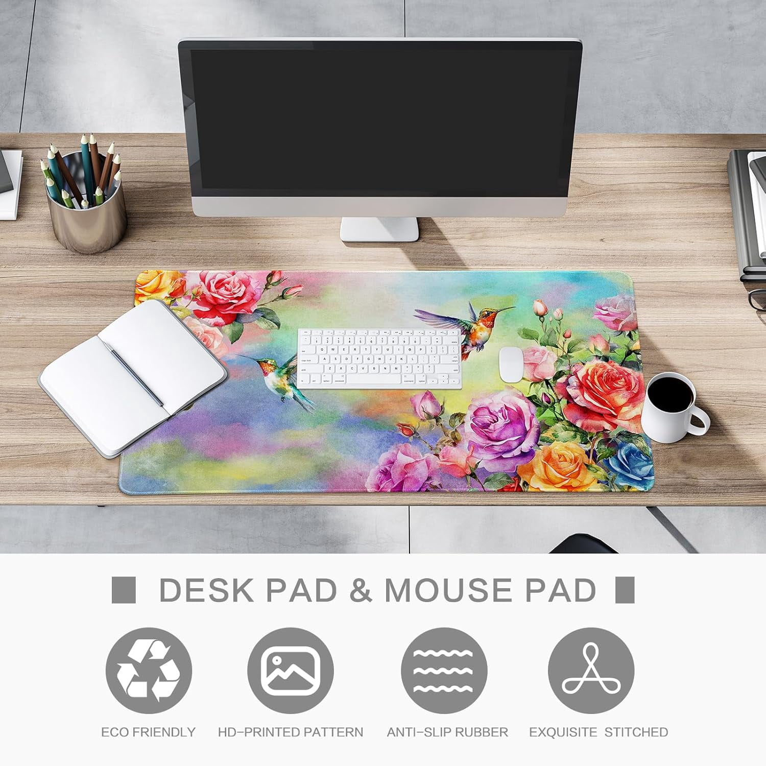 Colorful Large Mouse Pad, Pink Floral Desk Mat for Desktop, Women Girls Waterproof Gaming Mousepad, Computer PC Laptop Protector Writing Pads for School Office Home 31.5" x 15.7", Floral